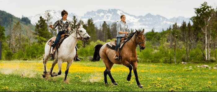 Confident plus-size woman riding Berkshire a horse through a field with a smile on her face.